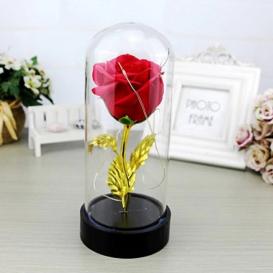 Вечная роза с золотыми листьями в колбе с LED подсветкой (20 см)