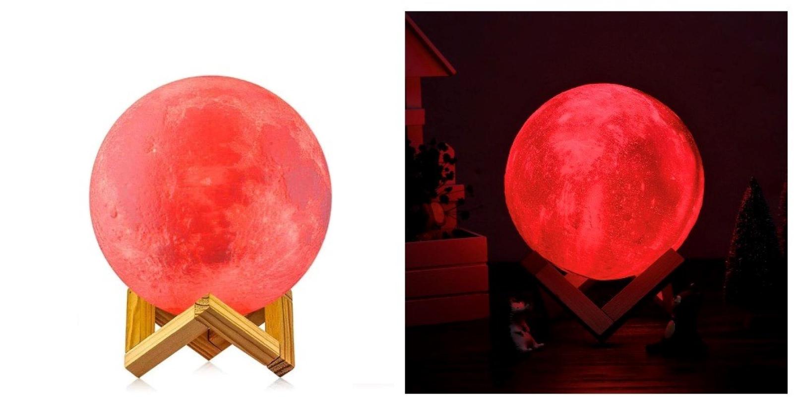 Lampa 3D Lună cu suport din lemn 3D Moon Lamp USB LED Night Light Moonlight Touch Sensor